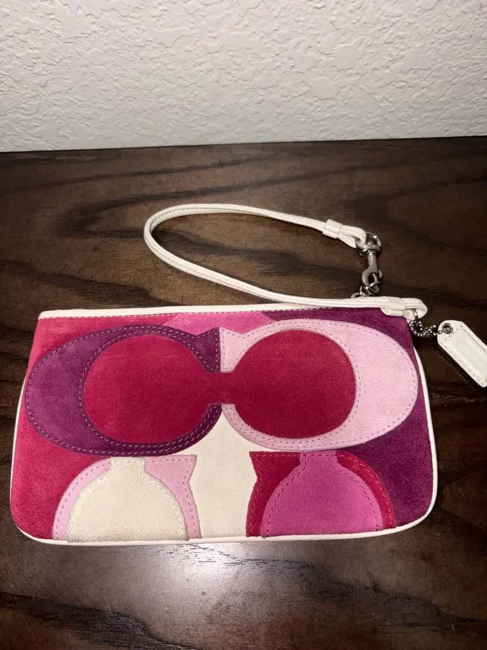 Coach Op Art Patchwork Suede Wristlet in Pink and Purple Multi